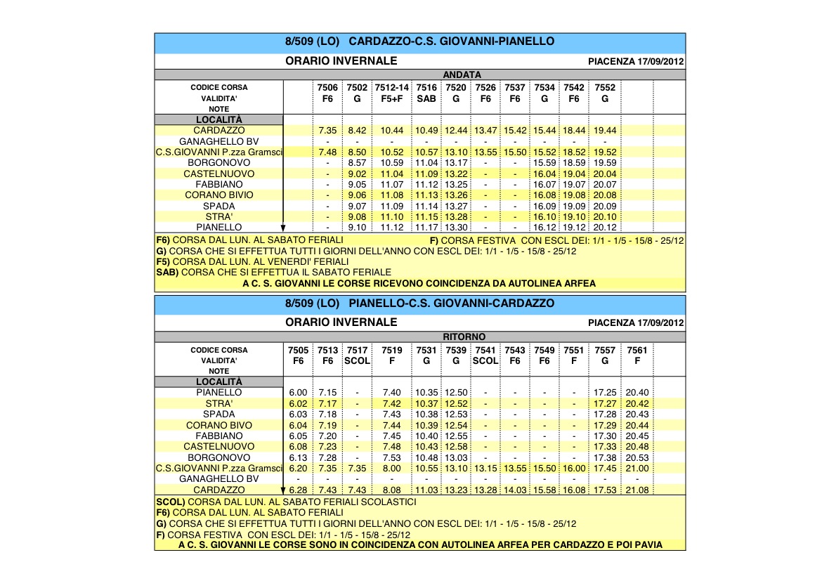 Autobus Milano Pianello Val Tidone - Invernale 2012